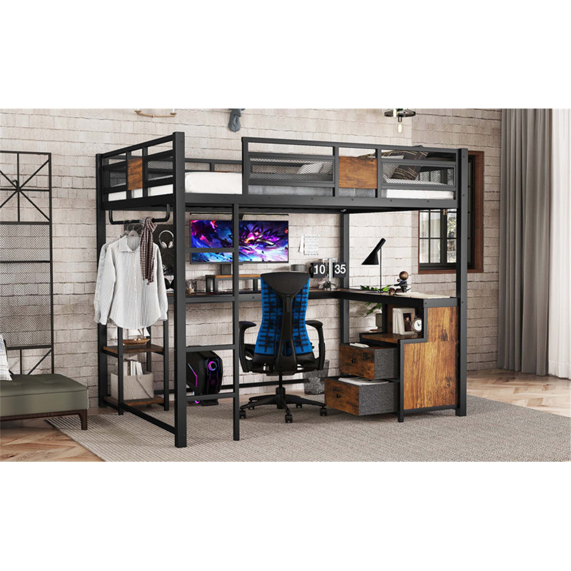 Grand lit mezzanine avec bureau, tiroirs de rangement et échelles, silencieux, sans sommier, design peu encombrant, noir