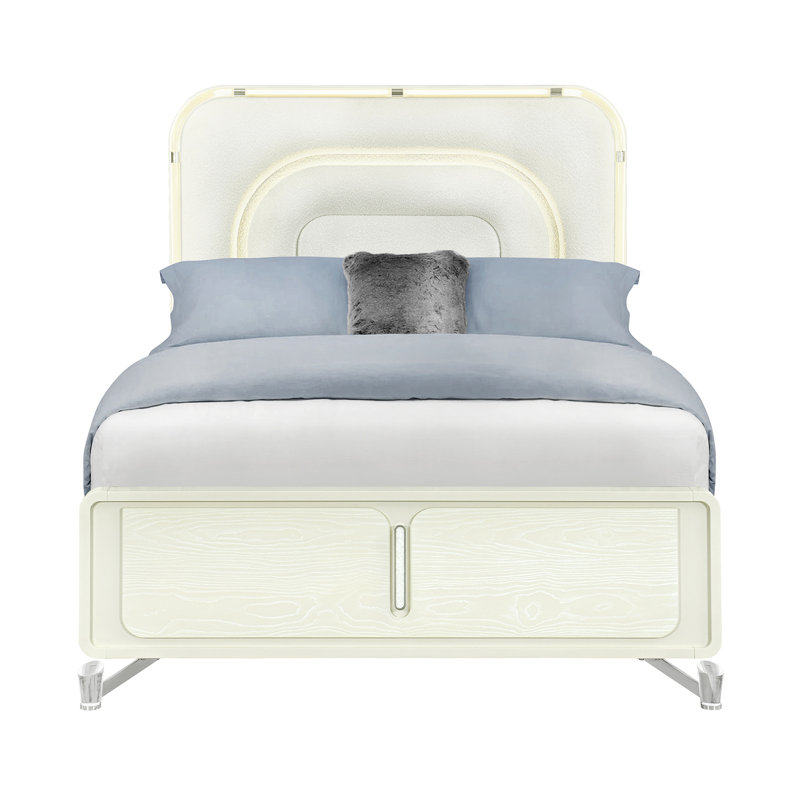 Grand lit à panneau beige avec tête de lit à DEL, style moderne, sommier tapissier requis, pieds géométriques, coins arrondis, bois massif et fabrication, revêtement pour chambre à coucher avec design, nécessaire, rebords, rembourrage,