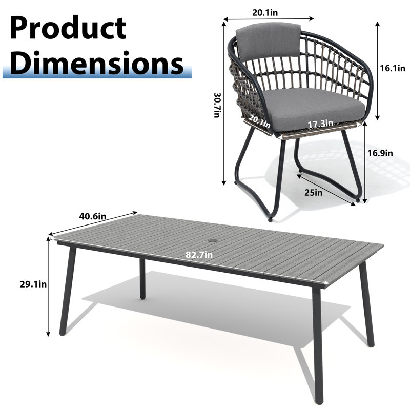 6 - Person Metal Patio Dining Set With Removable Cushions And Umbrella Hole, Gray Cushion/Dark Gray Table Top