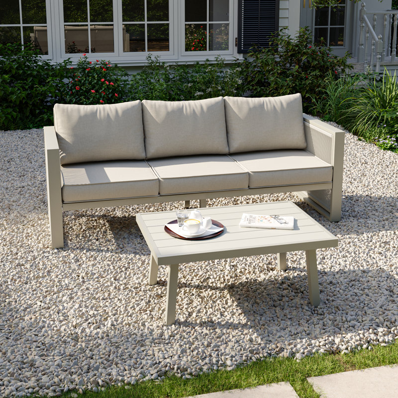Harloe 3-Person Aluminum Patio Conversation Sets With Cushions, Beige Cushion/Gray Frame