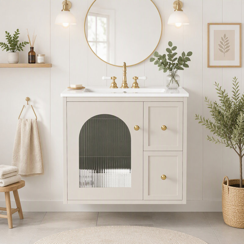 Meuble-lavabo de 61 cm avec lavabo en céramique, armoire murale à 1 porte et 2 tiroirs, structure en bois massif et MDF, style moderne et luxueux, noir