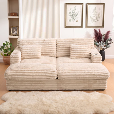 Oversized Double Chaise Lounge Sofa with USB Ports and Cup Holders, Faux Rabbit Fur Upholstered Deep Seat Sofa with 2 Pillows, Black