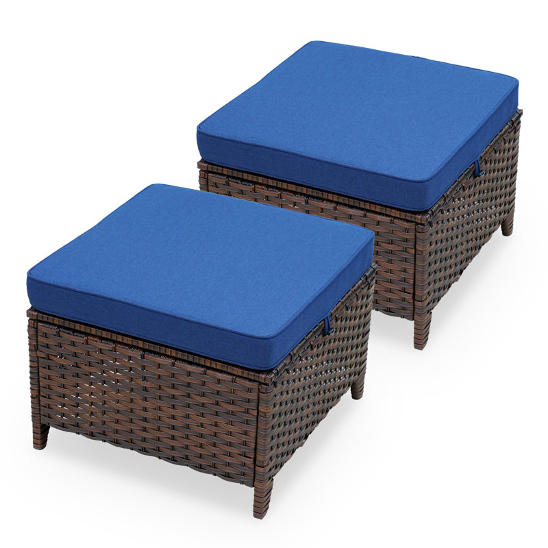 2PCS Patio Ottomans with Cushions, Handwoven Rattan Footrest Set, Powder Coated Steel Frame Outdoor Foot Stool for Deck Balcony Porch Backyard Poolside, Brown Wicker and Blue Cushion
