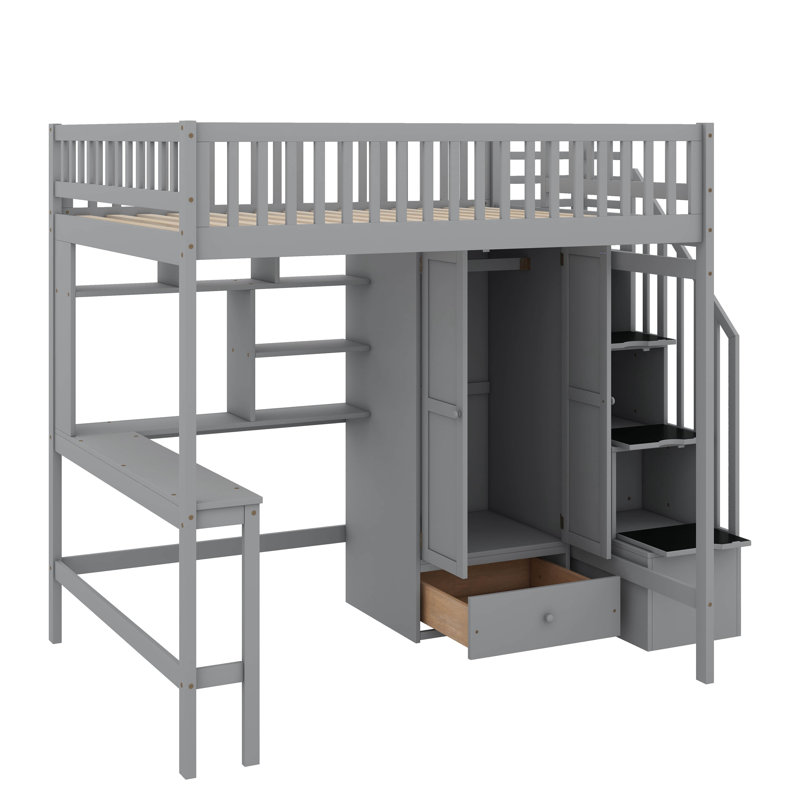 Lit mezzanine double avec bibliothèque, tiroirs, bureau et garde-robe, Gris