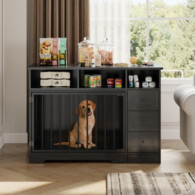 Table de bout 48 po en bois pour caisse avec tiroirs et bol caché, chenil d'intérieur pour chiens de taille moyenne jusqu'à 120 lb