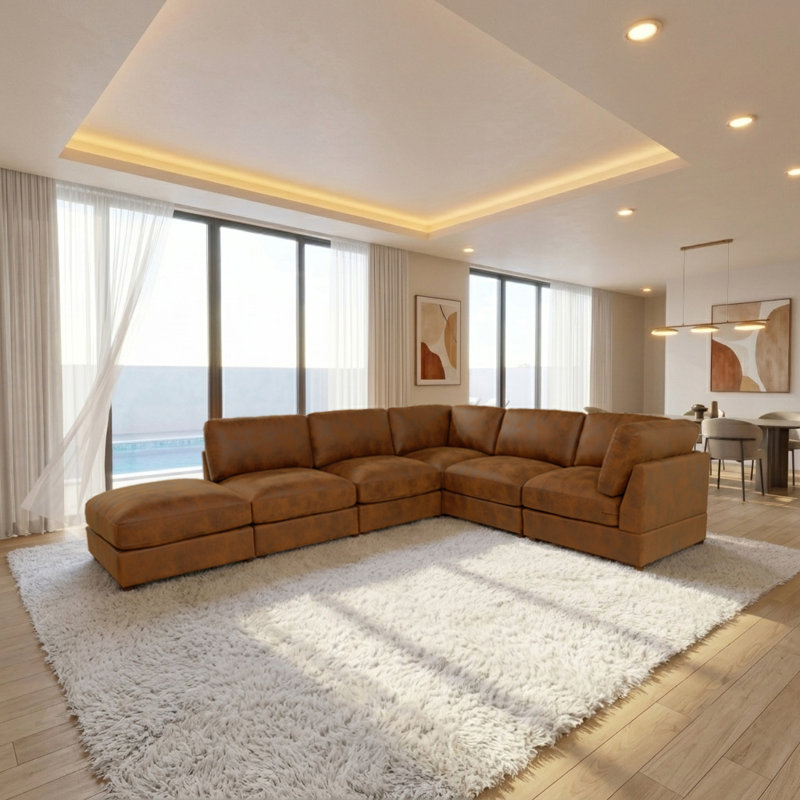 Canapé modulaire en velours côtelé Archmouth, Brown Faux Leather, 34" H x 131" W x 168" D