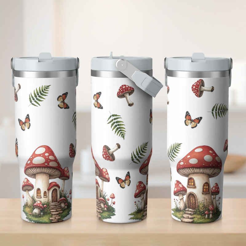 Gobelet 30 oz avec couvercle et poignée Gobelets isothermes en acier inoxydable Bouteille d'eau mignonne avec rabat (champignon)