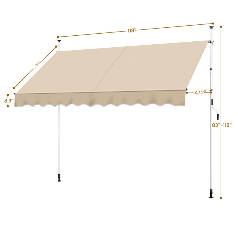 118" L Manual Retractable Awning For Patio Balcony Courtyard, Beige, 118" H x 118" W x 47.2" D