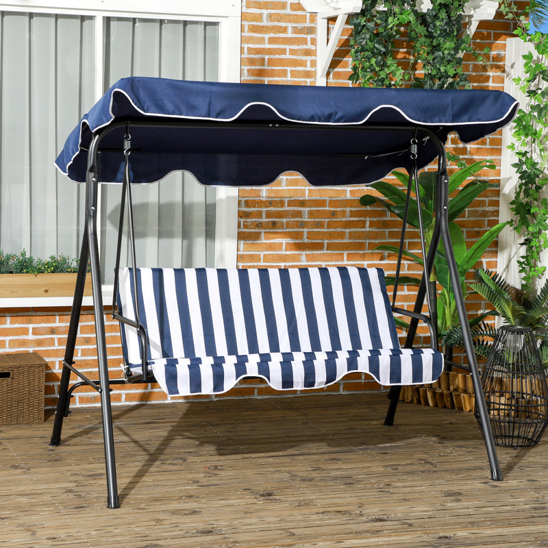 3 balancelles de patio bleu foncé. Coussin amovible. Structure en acier robuste. Auvent réglable inclinable pour la piscine, la cour arrière. Détendez-vous et détendez-vous. Capacité de poids de 440 lb. L 67,75 po x P 43,25 po et H 60,25 po