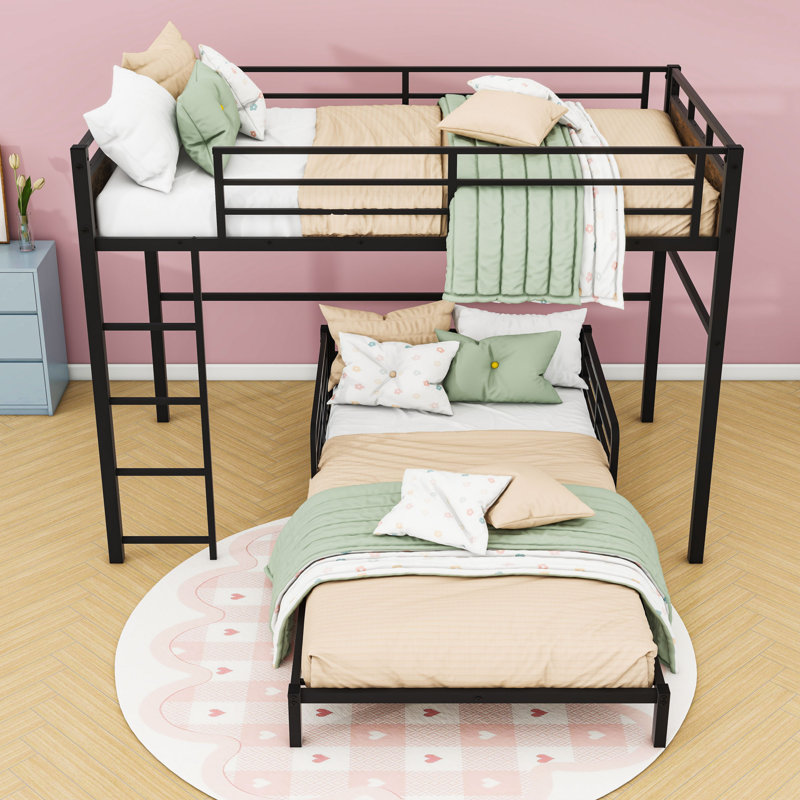 Metal Bunk Bed With Raised Security Fence, Vintage Wood, Extra Long Twin Over Extra Long Twin
