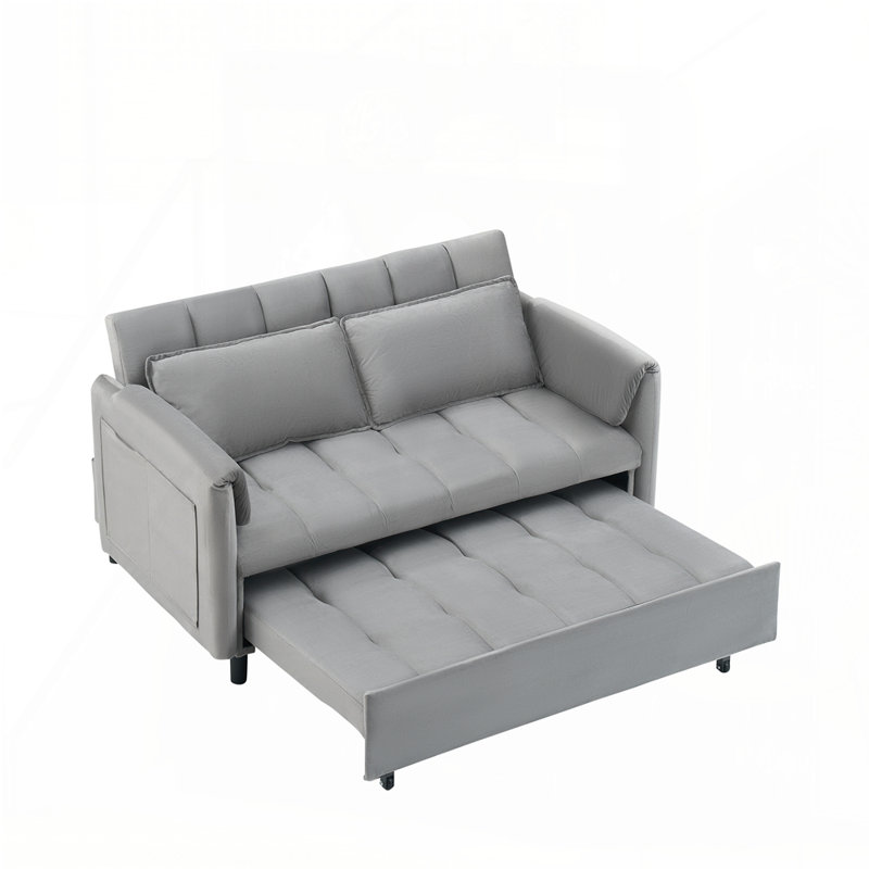 55" Two Seater Pull Out Sofa Bed, Adjustable Backrest With USB Ports, Two Side Pockets, Gray Velvet
