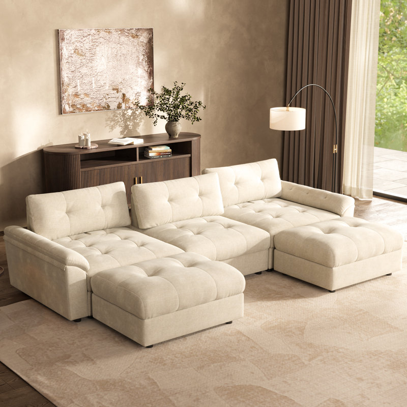 102" Adjustable Seat Depth Cloud Modular Sectional Sofa With Storage, Beige Chenille, 36.5" H x 102" W x 68" D
