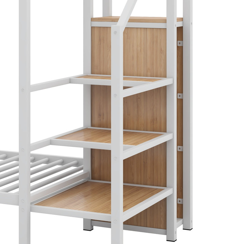 Lit superposé en métal avec échelle de rangement latérale et garde-robe, Blanc
