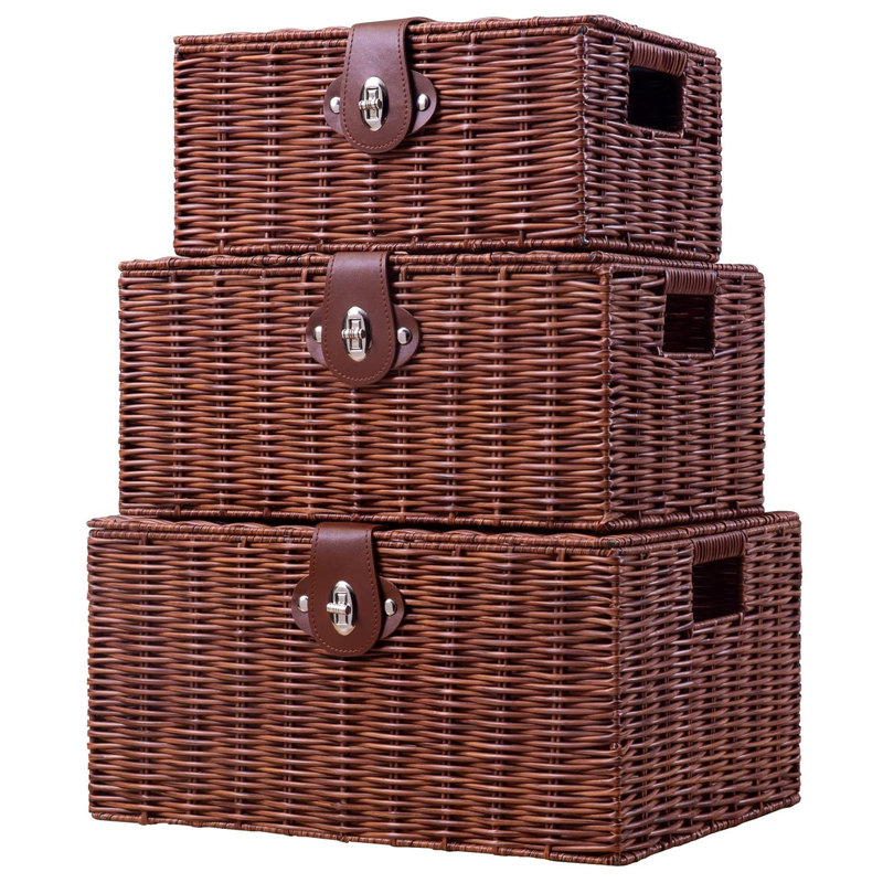 Set Of 3 Woven Storage Basket Box With Lid & Lock, Built-In Carry Handles, Multifunctional Storage Organiser For Nursery, Baby, Clothes, Toys, Books, Large/Medium/Small Size (Natural)