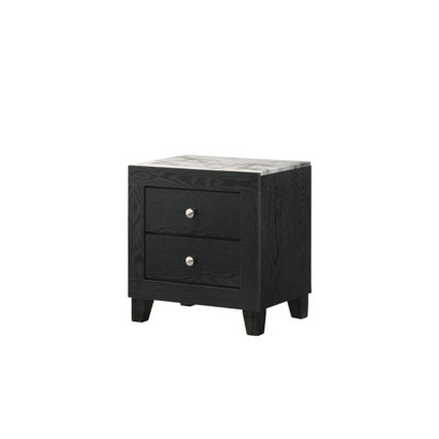 Table de chevet contemporaine à plateau moderne en faux marbre blanc avec 2 tiroirs, finition noire