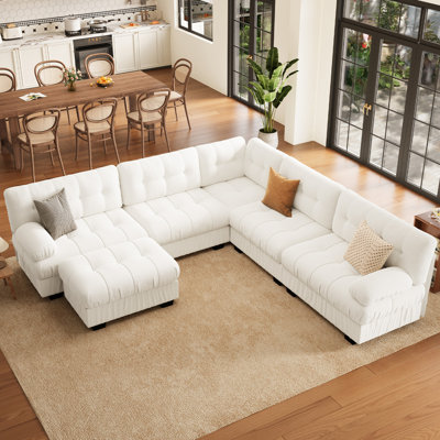Canapé modulaire modulaire avec repose-pieds en forme de U 6 places, canapé en chenille confortable blanc