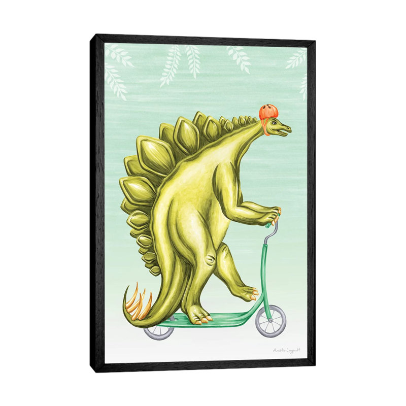 Stegosaurus On Scooter by Amélie Legault - Painting on Canvas, Black Floater Framed, 152.4cm H x 101.6cm W x 3.81cm D