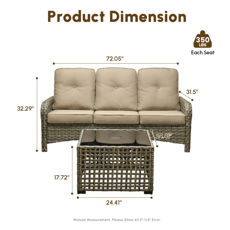 3-Person Outdoor Seating Group With Cushions And Led Coffee Table , All-Weather Wicker Patio Set, Beige