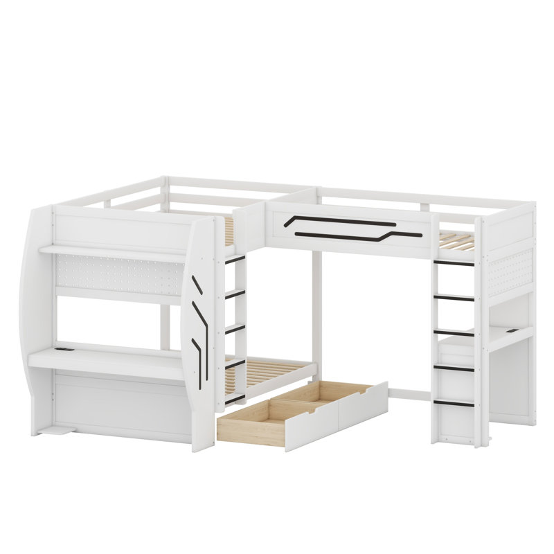 Lit superposé multifonctionnel en forme de L avec bureaux intégrés, station de charge, tiroirs de rangement, panneau perforé et lumières DEL