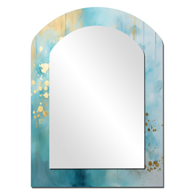 Divine Mandala Delicate Gold Gentle Turquoise IV - Boho Mandala Asymmetrical Decorative Wall Mirror, Traditional Arch Mirror, Printed Metal Art