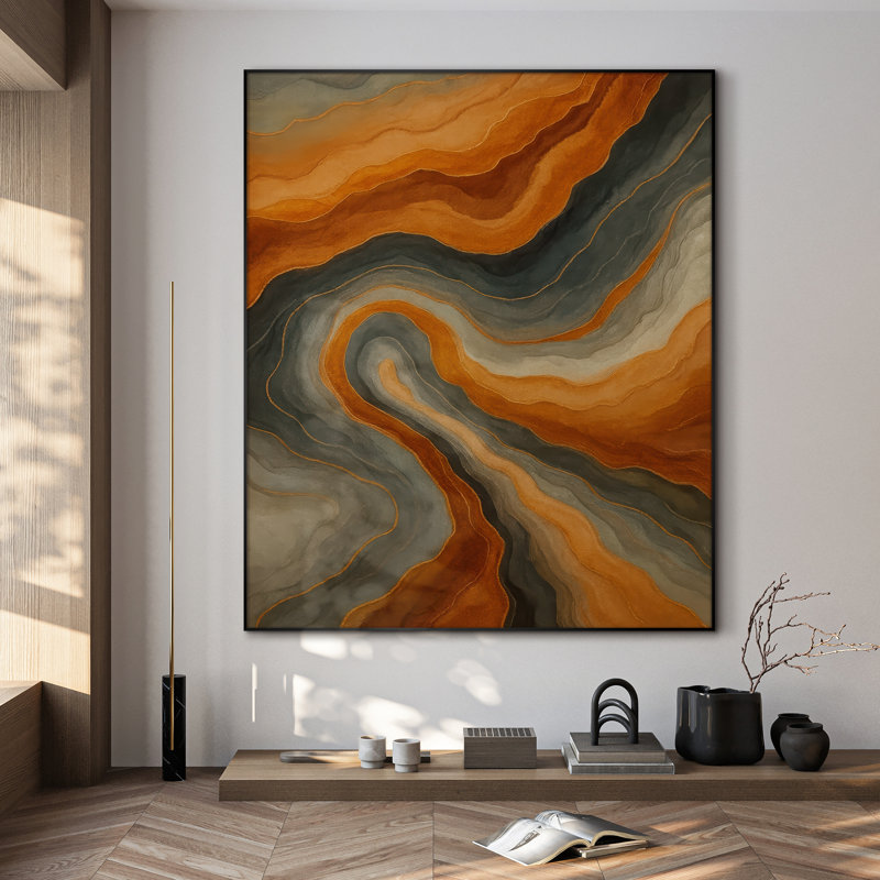 Très grande reproduction d'art sur toile - Motif de géode aux tons orange et gris abstrait, art contemporain pour le salon ou la chambre à coucher - «Assemblage requis du cadre (cadre non fini)»
