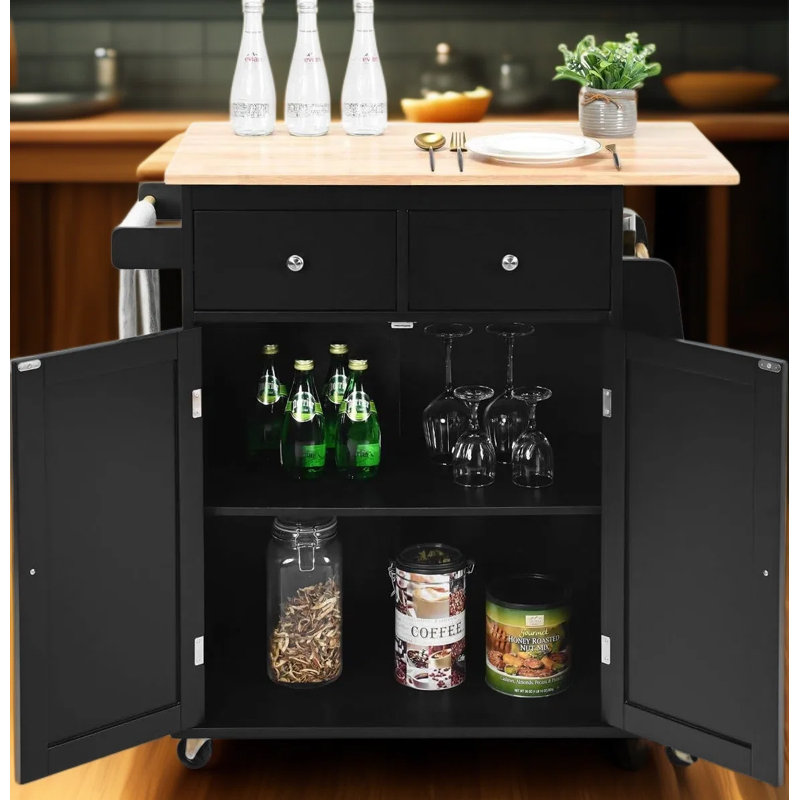 Kitchen Island Cart With Storage Cabinet, 2 Drawers, Spice Rack And Wine Rack - Mobile Rolling Trolley With Lockable Wheels And Durable Rubber Wood Countertop