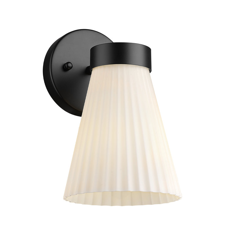 Steel Armed Sconce With Frosted Milk White Striped Glass Shade, Black