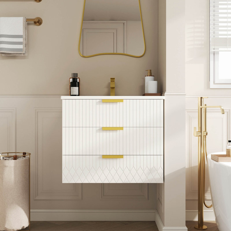 Armoire flottante murale 24 po avec tiroir double, petit lavabo de salle de bain rectangulaire flottant avec trou de robinet simple et trop-plein, armoire de salle de bain moderne avec lavabo en céramique