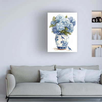 Art mural sur toile tendue - "Hortensias bleus dans un vase chinois avec un oiseau" par Imagine It Images pour décoration de salon, de chambre à coucher ou de bureau - 35 x 47