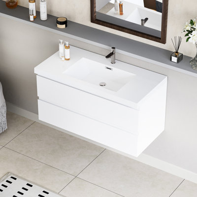 Armoire de salle de bain flottante de 42 po avec lavabo. Moderne. Bassin supérieur en résine. Tiroir à fermeture en douceur. Meuble-lavabo blanc brillant. Organisation. Facile à installer.