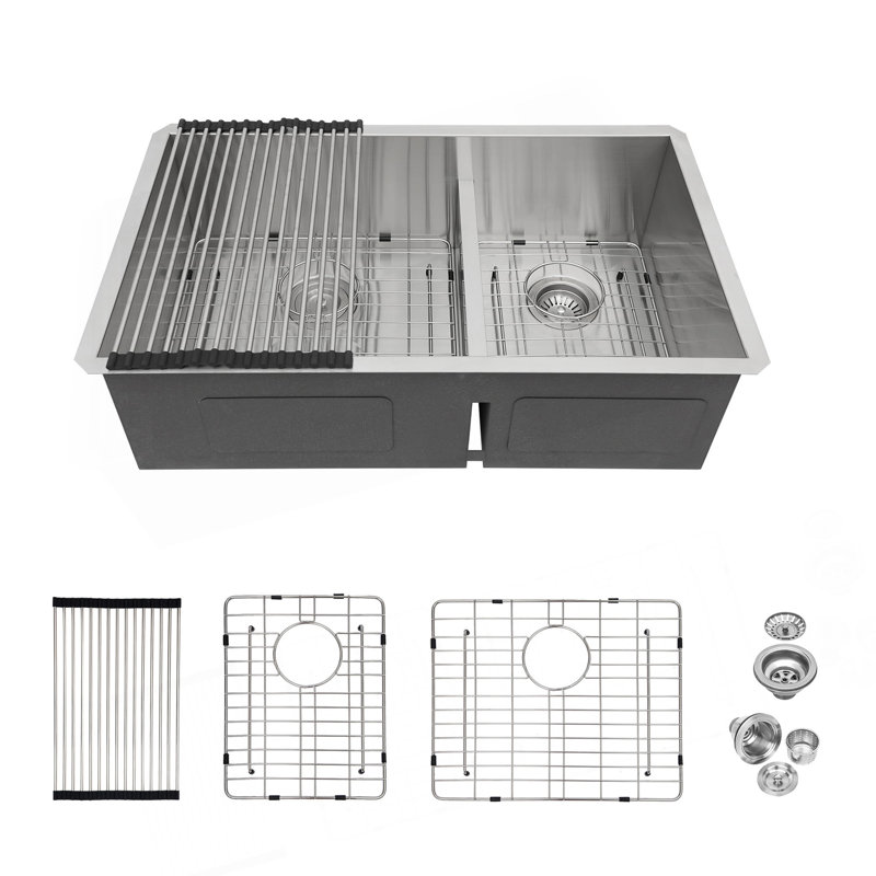 Évier de cuisine à double cuve encastrable 36 po x 19 po x 10 po (60/40) de calibre 16 avec deux cuves profondes de 10 po