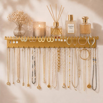 Wall Mounted Necklace Holder with Shelf, Wall Jewelry Organizer