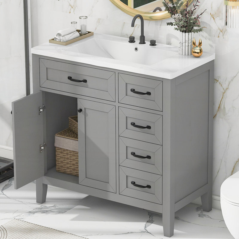 Meuble-lavabo avec tiroirs 36 po, 36 po avec lavabo, Gris