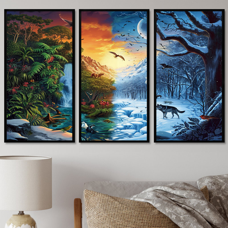 Ensemble d'art mural Equinox Spring Waterfall Winter Snow Wolf - River, Cadre flottant noir, H 32 po x l 48 po x P 1 po