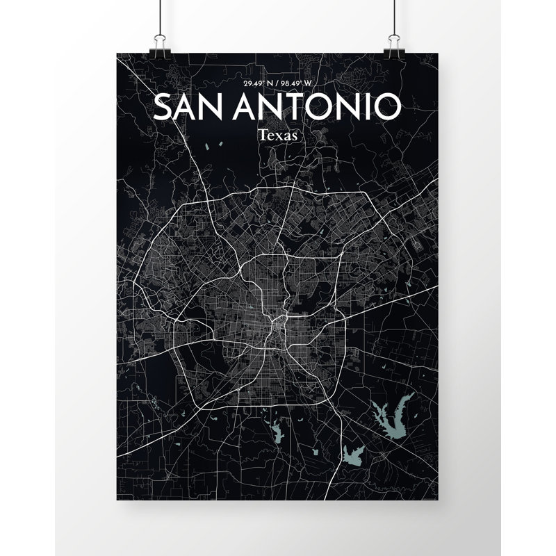 San Antonio City Map - Unframed Graphic Art Print on Paper, 43.2cm H x 27.9cm W x 0.1cm D, Black
