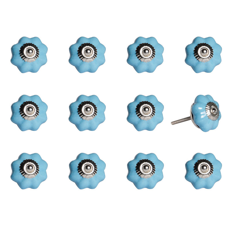 Palys (Set of 12) Blue And Silver Ceramic Drawer Pull Knobs, Blue