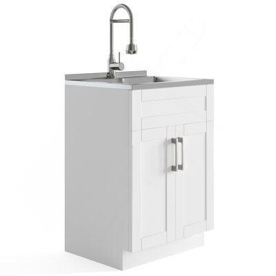 Hennessy - Deluxe 24" Laundry Cabinet With Faucet And Stainless Steel Sink - Pure White