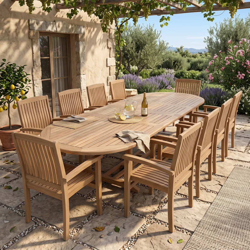Ensemble de salle à manger d'extérieur ovale extensible en teck, 11 pièces