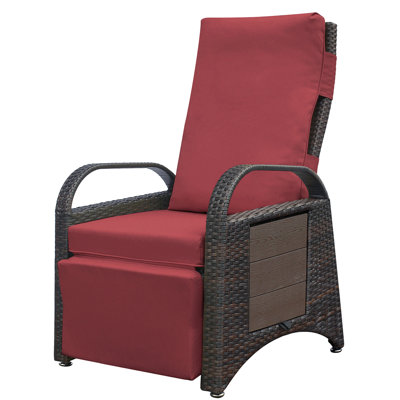 Outdoor Recliner With Adjustable And Footrest, Built - In Table, Comfortable , Brown + Red Footrest Removable Cushion, For Garden,