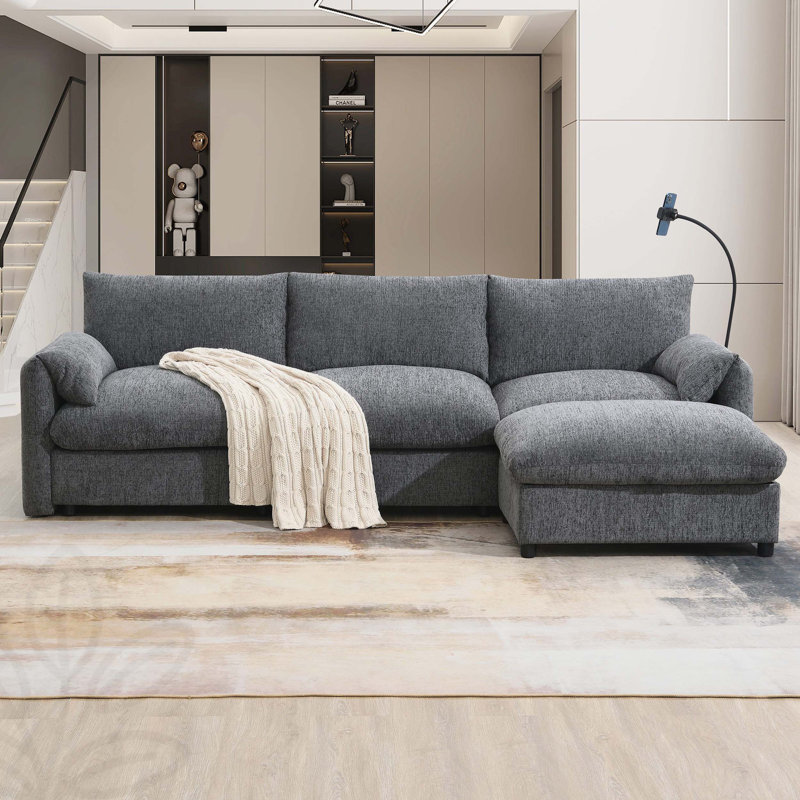 [VIDÉO] Canapé modulaire en L de 96,5 po avec repose-pieds et poches de rangement, support de téléphone réglable, chargeur USB, accoudoirs éléphants en forme d'oreille, siège confortable pour le salon et appartement, chenille, 3 couleurs