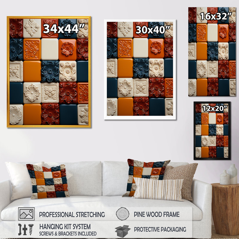 «Earth Tones Color Palette Tiles I», art mural abstrait, H 44 po x l 34 po x P 1,5 po, Cadre simple noir