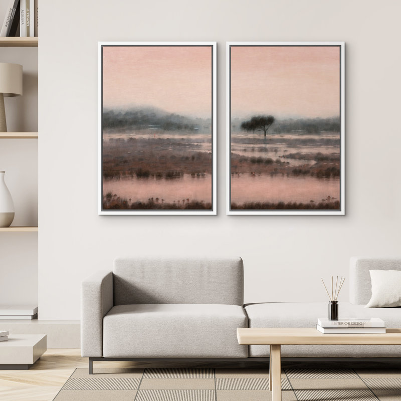 «Misty Wetland Landscape with Lone Tree», reproduction d'art sur toile encadrée pour chambre principale, 2 pièces, Blanc