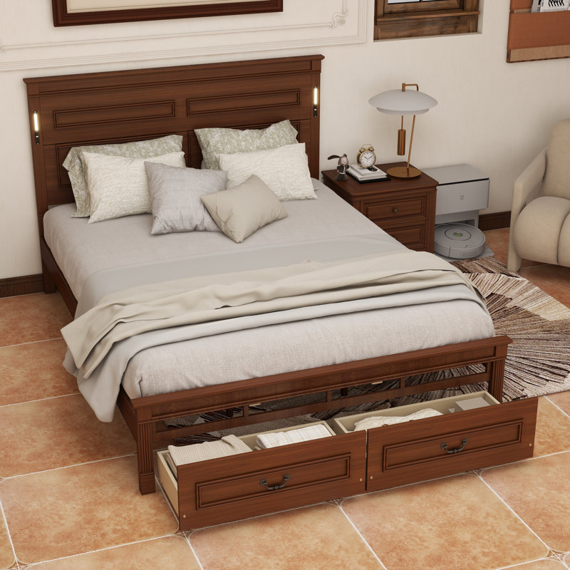 Queen Size Bed With Tall-Panel Headboard & Footboard, 2 Storage Drawers, Built-In LED Lights, USB Charging Station, Pinewood Bed With Strengthened Bed Frame,Walnut