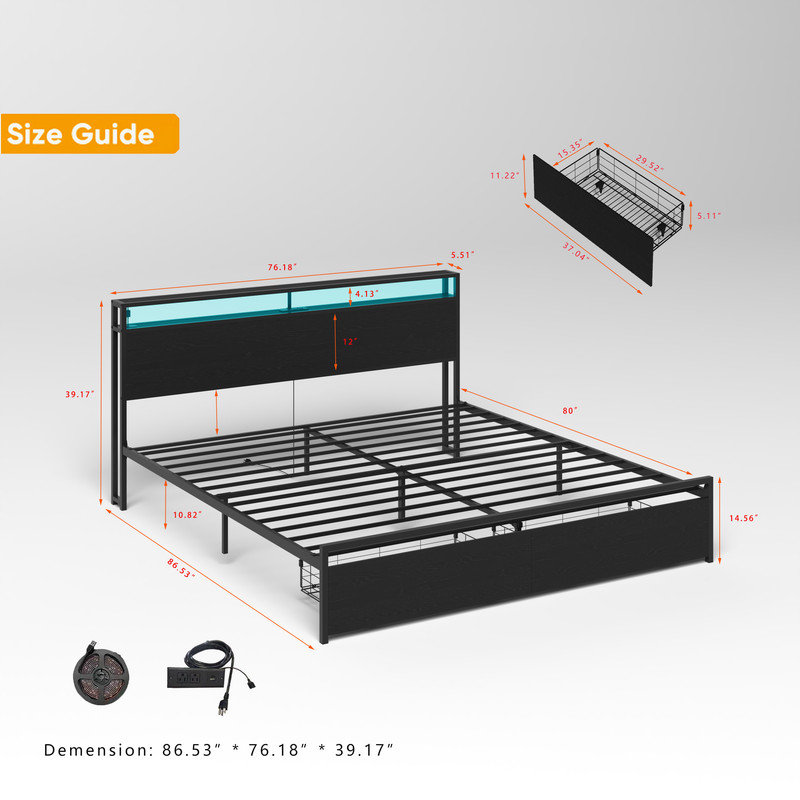 Lit plateforme très grand avec rangement moderne et tête de lit à DEL
