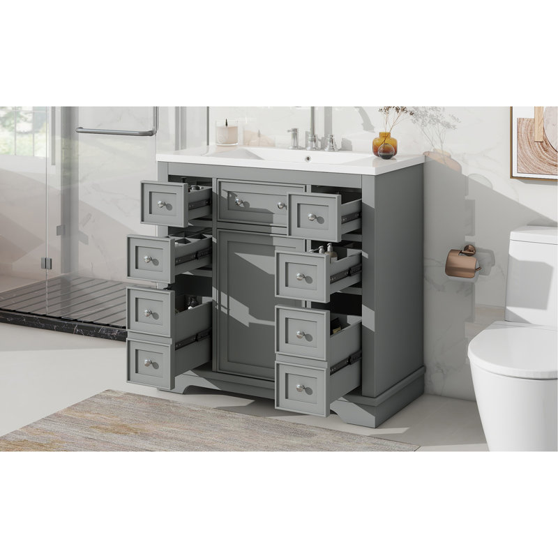 Ensemble de meuble-lavabo 36 po avec lavabo, une armoire et six tiroirs, panneau en bois massif et panneau de fibres à densité moyenne, gris