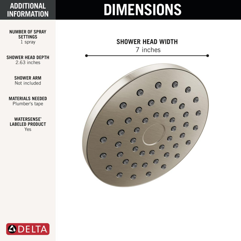 PivotPro Rain Showerhead, Single Setting 7 Inch Round Shower Head SpotShield Brushed Nickel, Spotshield Brushed Nickel