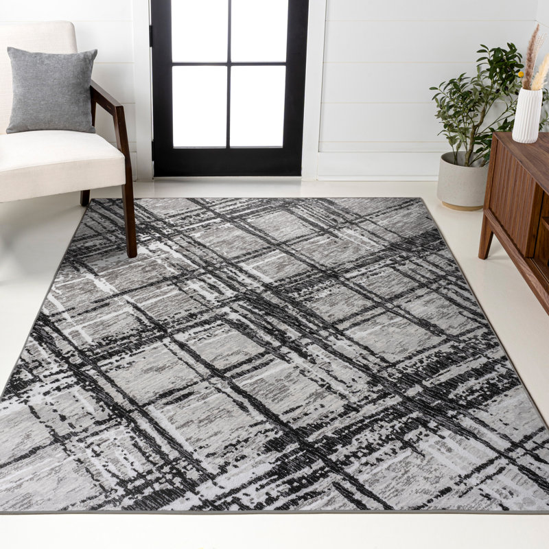 Tapis noir / gris à motif abstrait moderne Black mun, Rectangle de 5 pi x 8 pi