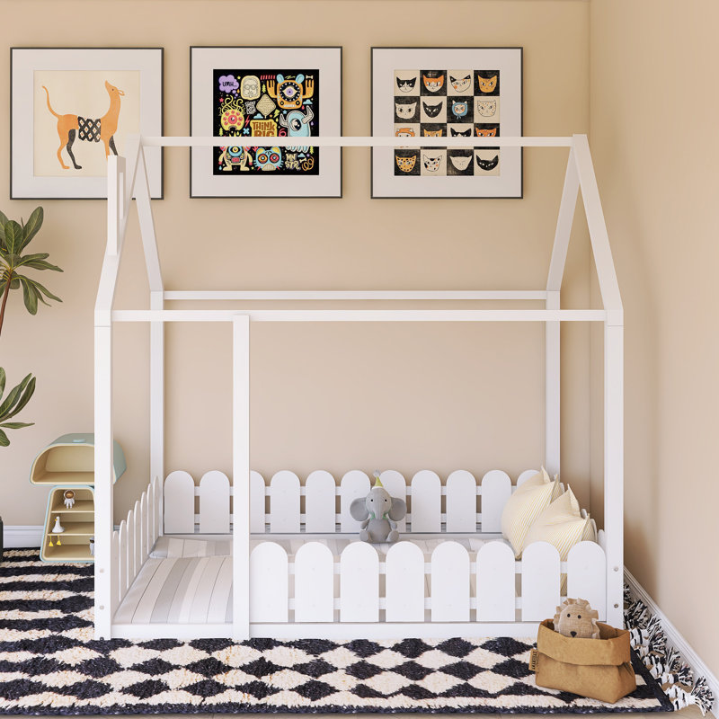 Wood Bed House Bed Frame With Fence, White , Full
