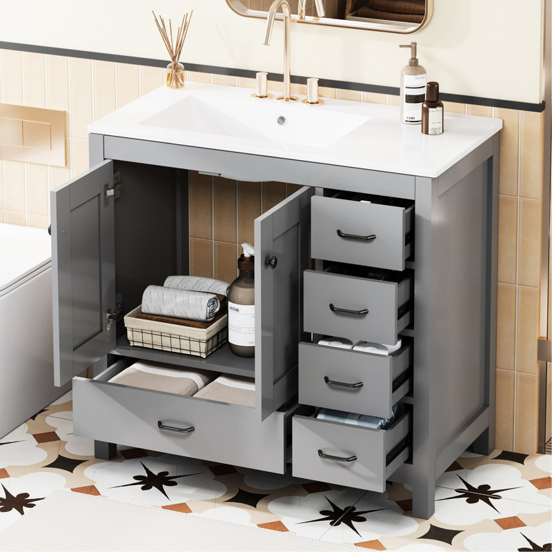 Meuble-lavabo gris 36 po avec lavabo en céramique, 2 portes d'armoire à fermeture en douceur, 5 tiroirs spacieux, salle de bain et lavabo 36 po Silent Operation Design