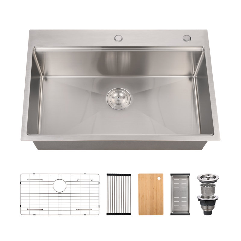 Évier de cuisine à simple cuve encastrable en acier inoxydable avec accessoires 33 po L x 22 po, Nickel brossé